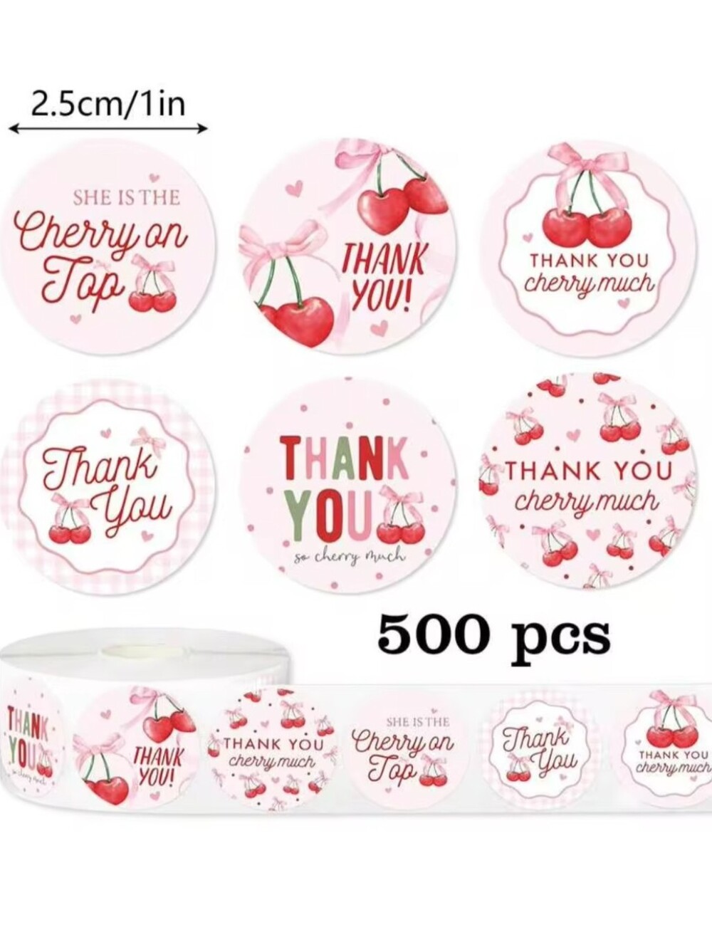500pcs/Roll Cute Pink Cherry Thank You Self-Adhesive Stickers
